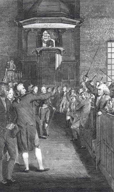 エルカナティスデイル（1768〜1835）によって彫刻されたジョントランボール作「M&39;Fingal」からのタウンミーティング、1770年頃1795 作： American School
